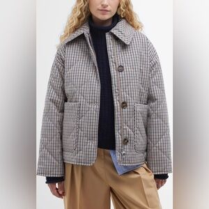Barbour Cassidie Navy and Beige Checked Quilted Puffer Jacket